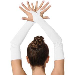 Women's White Finger Loop Fingerless Elbow Length Long Satin Gloves Cosplay